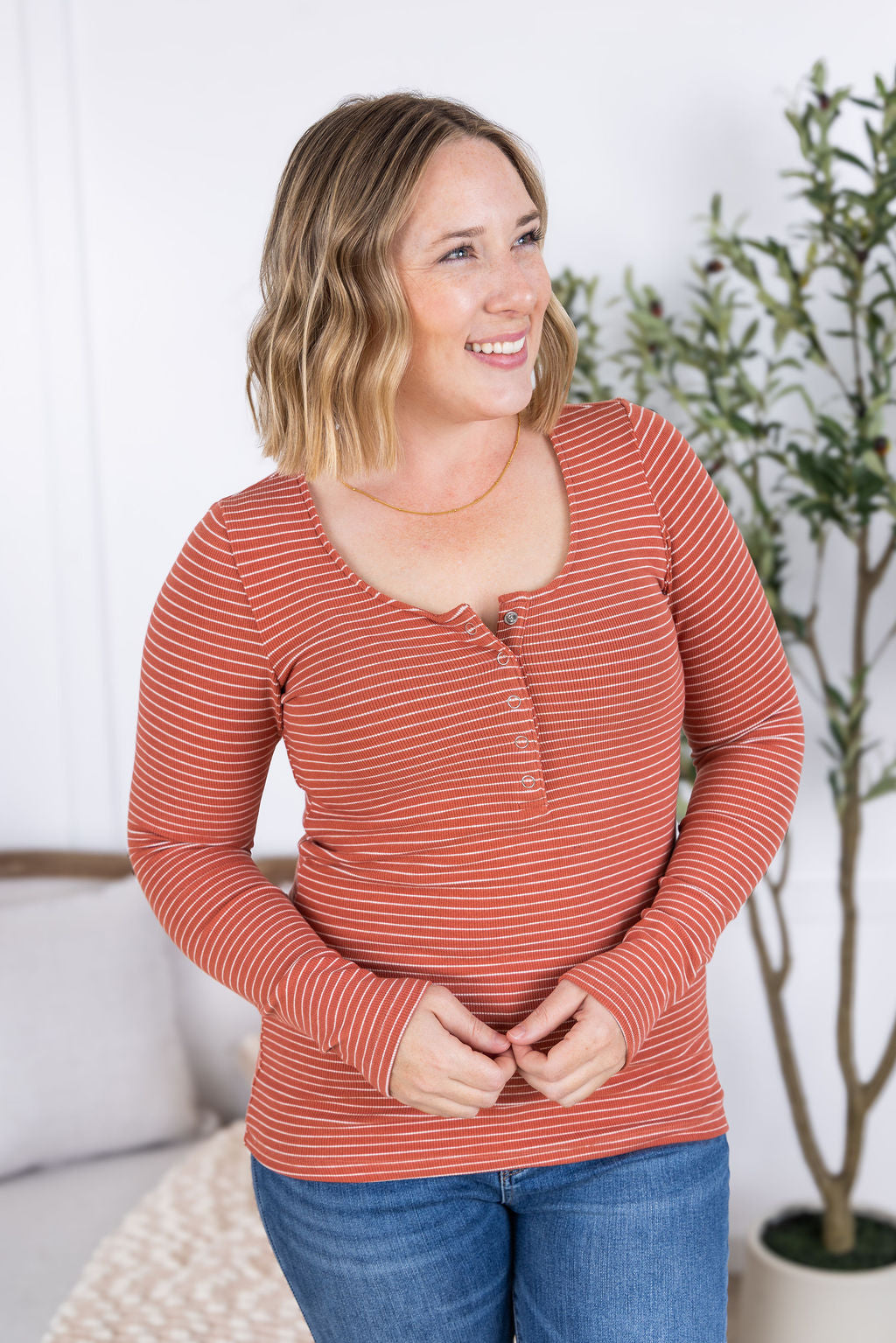 Striped Henley Long Sleeve in Terra Cotta
