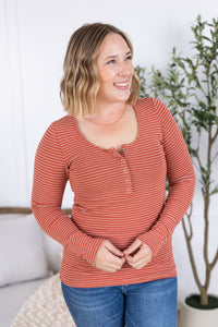 Striped Henley Long Sleeve in Terra Cotta