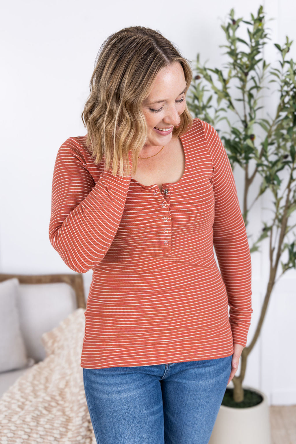 Striped Henley Long Sleeve in Terra Cotta
