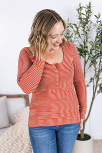 Striped Henley Long Sleeve in Terra Cotta