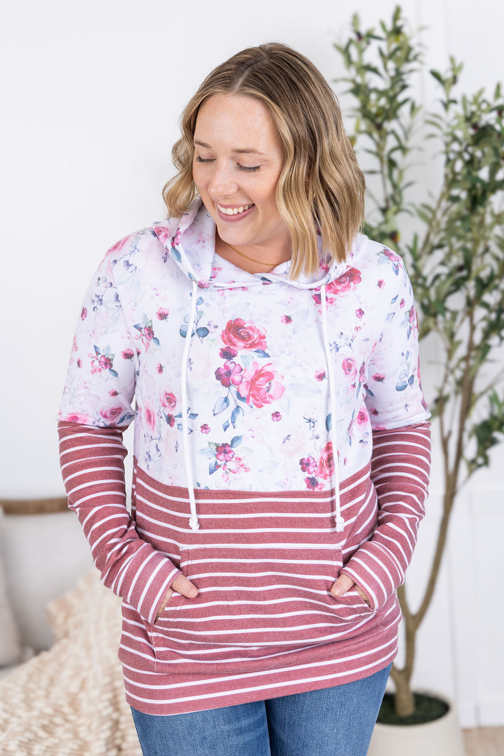 Hailey Pullover Hoodie in  Pink Bloom and Stripes