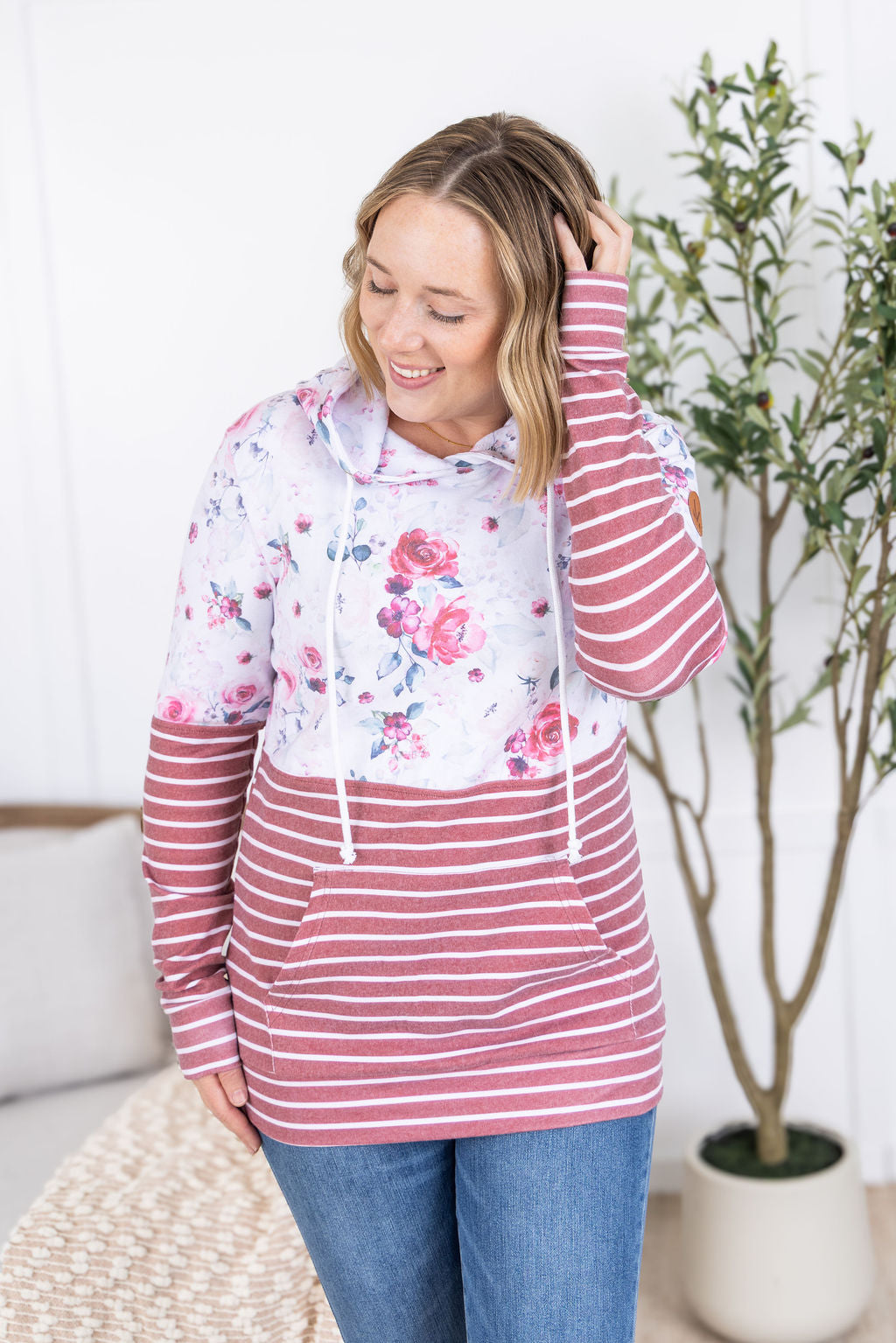 Hailey Pullover Hoodie in  Pink Bloom and Stripes