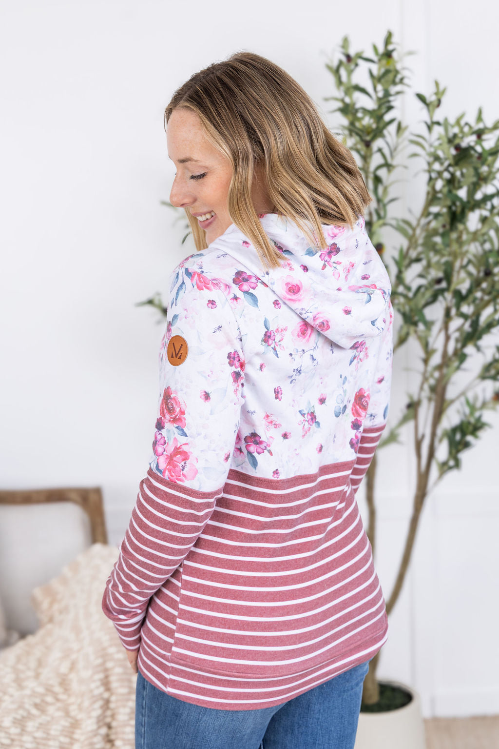 Hailey Pullover Hoodie in  Pink Bloom and Stripes