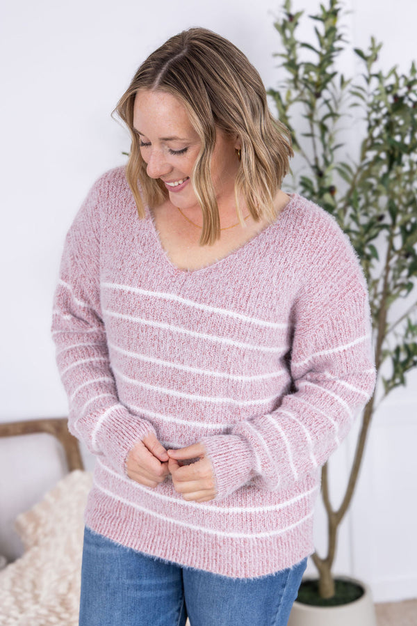 Cozy Striped Sweater in Mauve