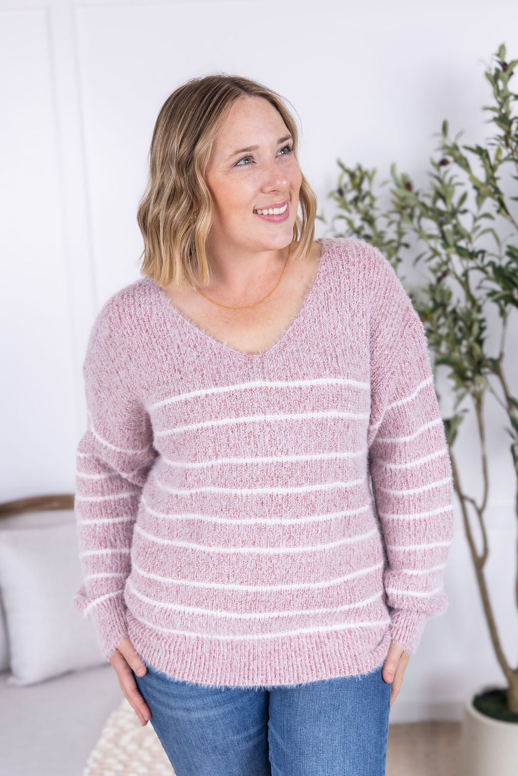 Cozy Striped Sweater in Mauve