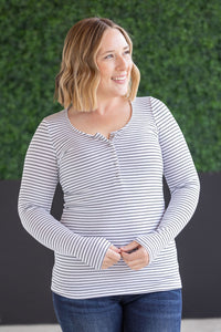 Striped Henley Long Sleeve in White