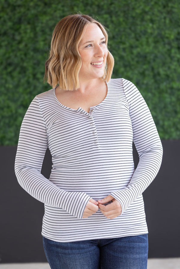 Striped Henley Long Sleeve in White