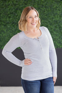 Striped Henley Long Sleeve in White