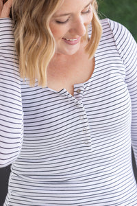 Striped Henley Long Sleeve in White