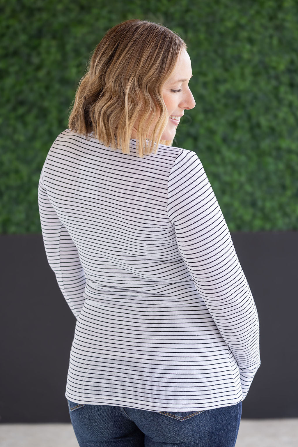 Striped Henley Long Sleeve in White