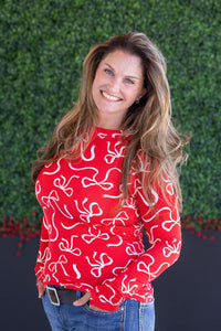 Blair Long Sleeve Top in Red and White Ribbons