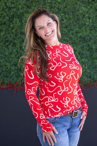 Blair Long Sleeve Top in Red and White Ribbons