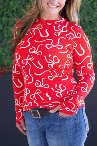 Blair Long Sleeve Top in Red and White Ribbons