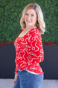 Alyssa Long Sleeve Top in Red and White Ribbons