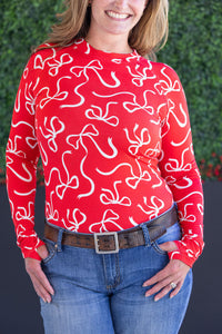 Blair Long Sleeve Top in Red and White Ribbons