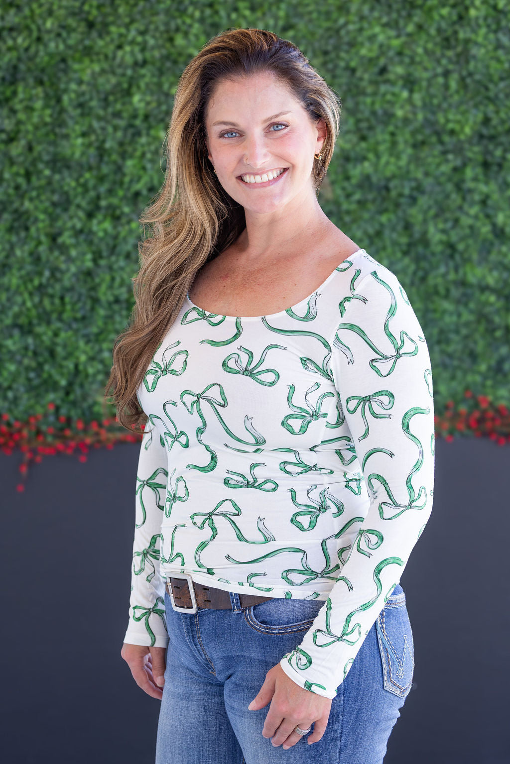 Alyssa Long Sleeve Top in Green Ribbons