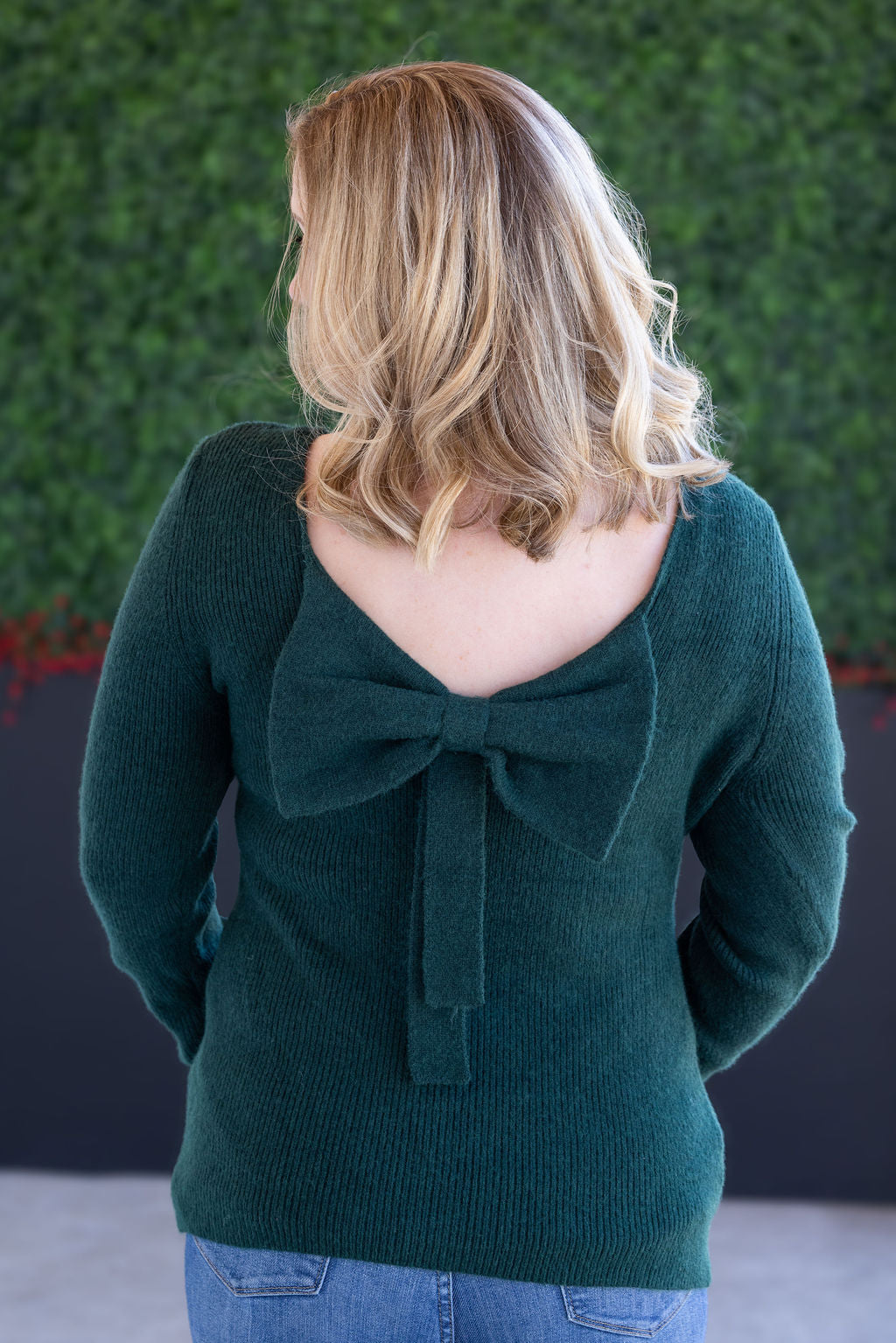 Bridget Back Bow Sweater in Hunter Green
