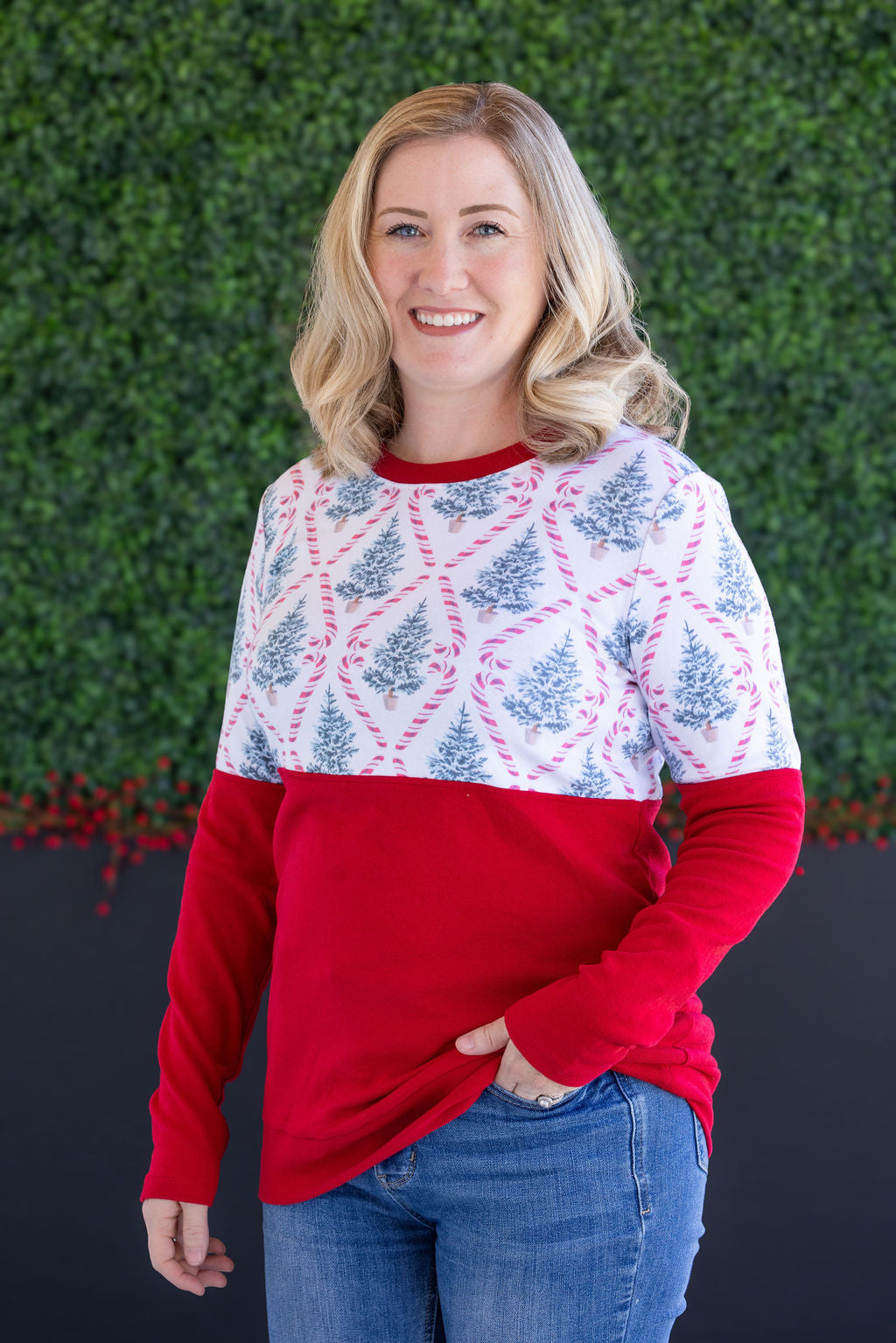 Natalie Pullover in Candy Cane Lane and Red
