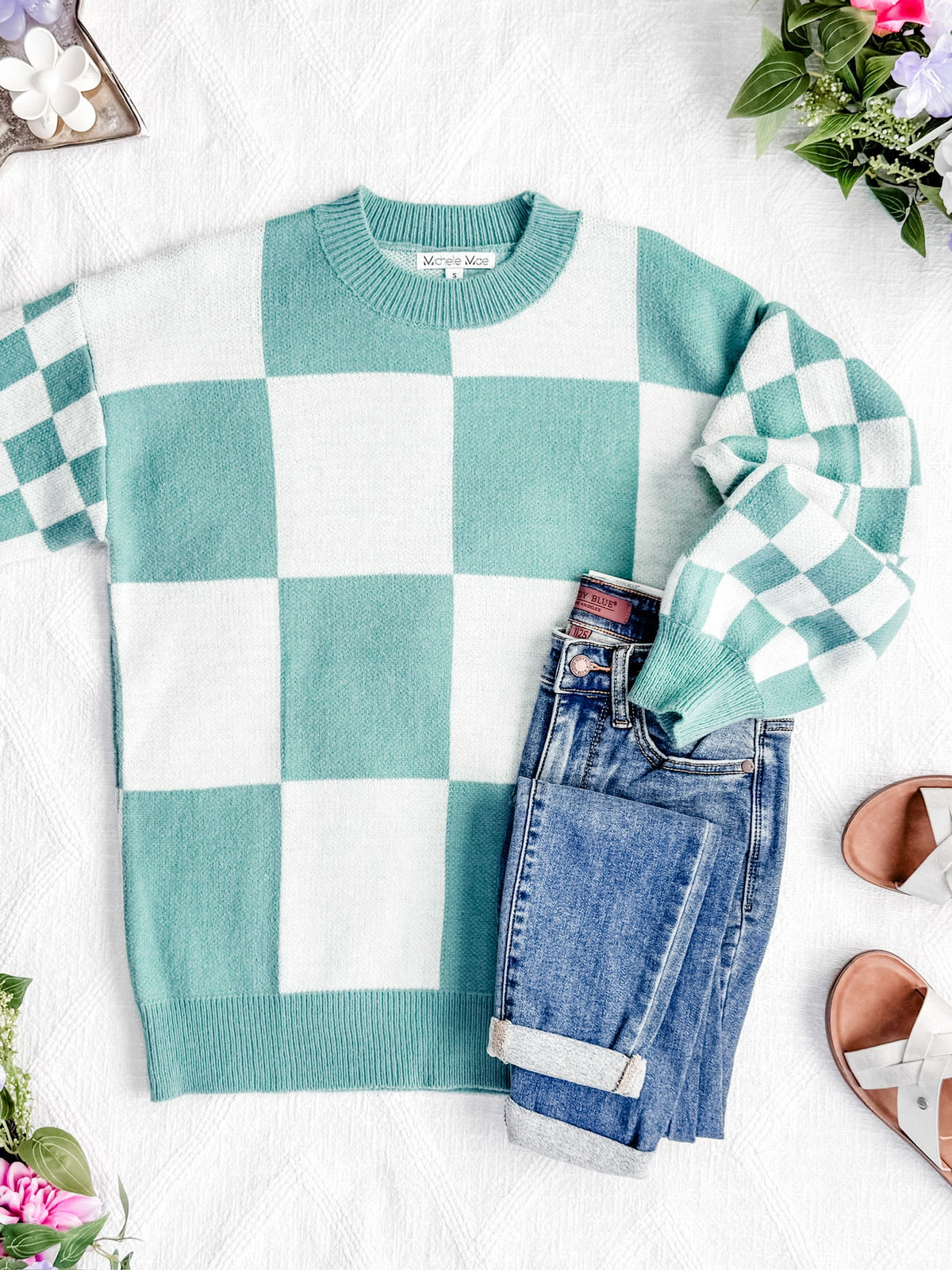 Checkered Pullover Sweater in Dusty Jade