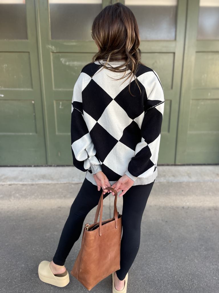 Contrast Trim Cardigan in Black Checkers