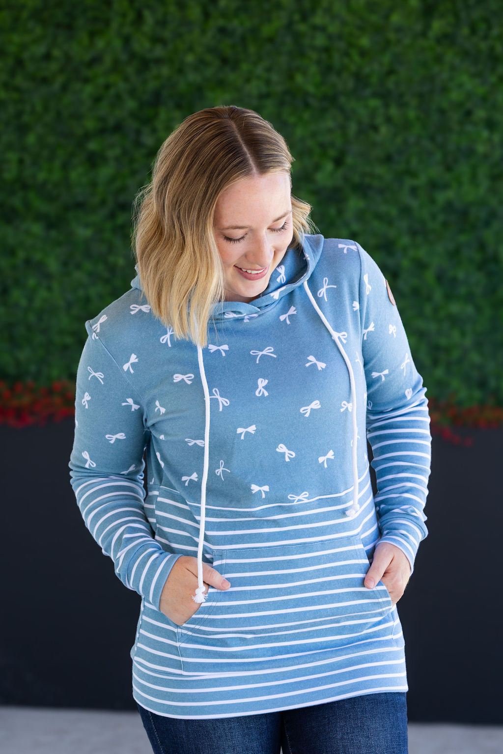 Hailey Pullover Hoodie in Teal Ribbons and Stripes