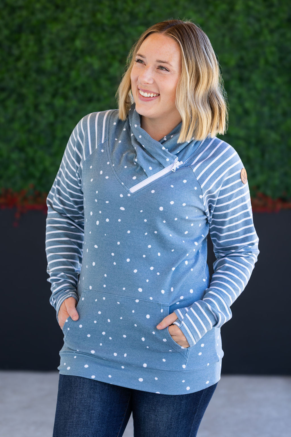 Zoey ZipCowl Sweatshirt in Teal Dots and Stripes