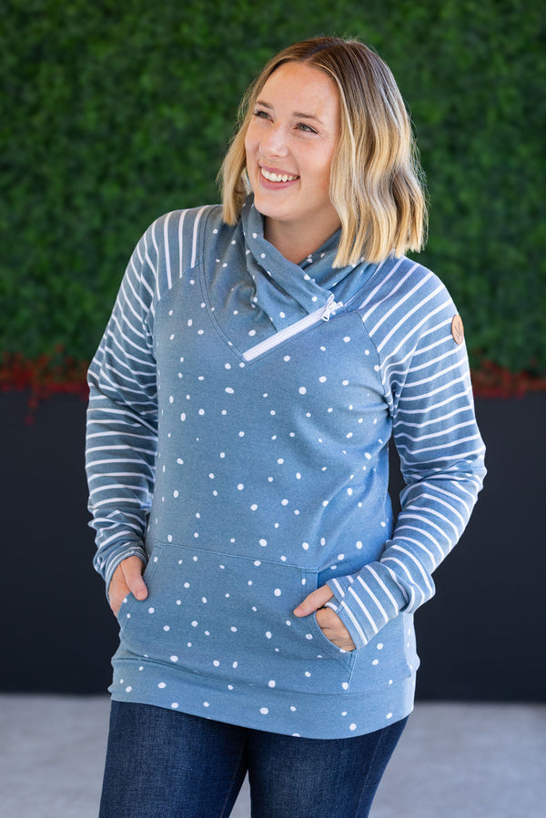 Zoey ZipCowl Sweatshirt in Teal Dots and Stripes