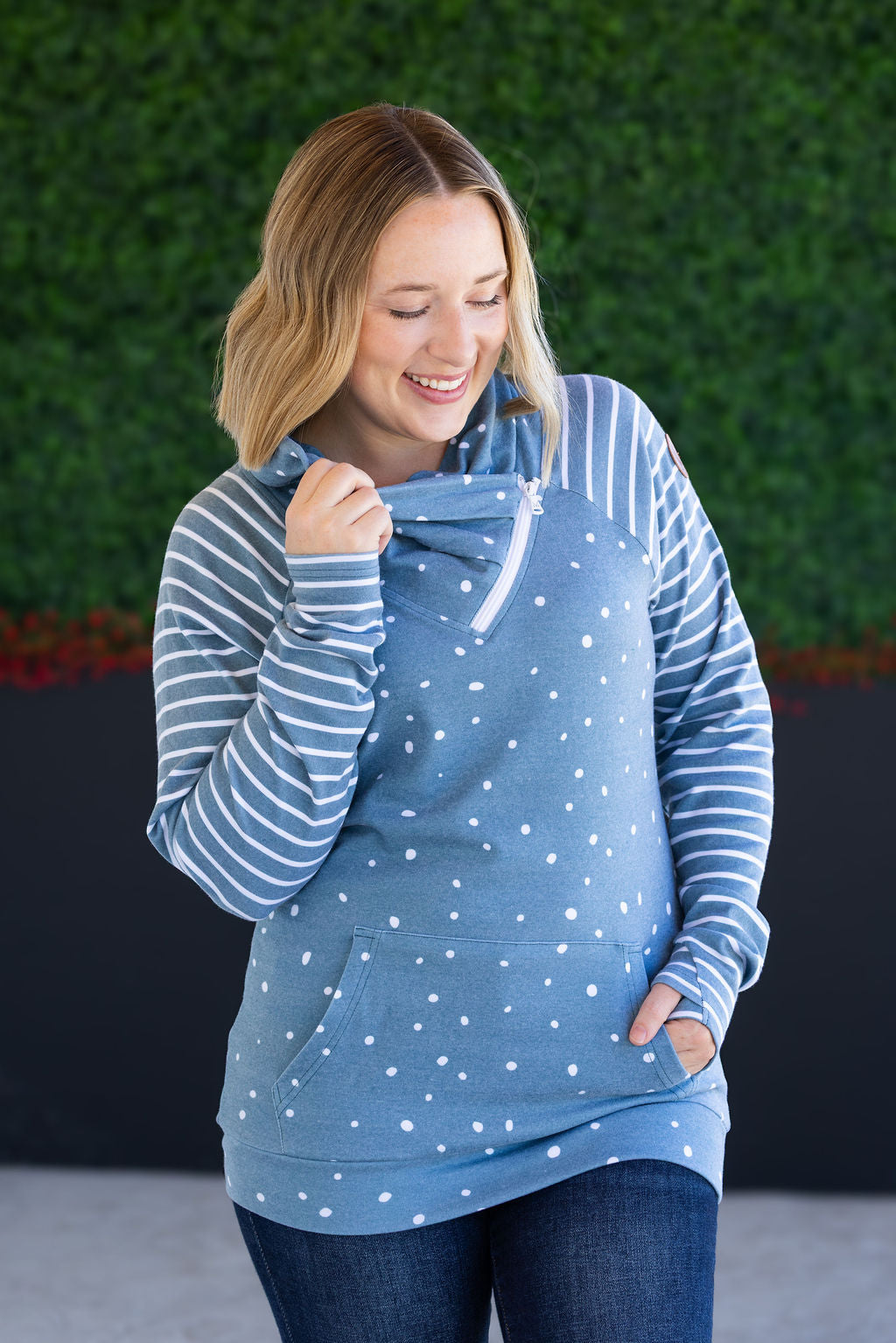 Zoey ZipCowl Sweatshirt in Teal Dots and Stripes