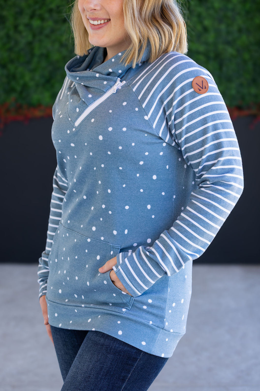 Zoey ZipCowl Sweatshirt in Teal Dots and Stripes