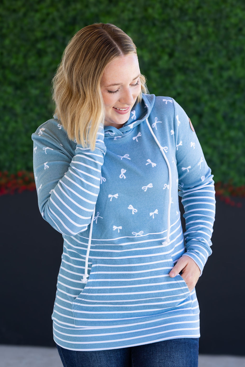 Hailey Pullover Hoodie in Teal Ribbons and Stripes