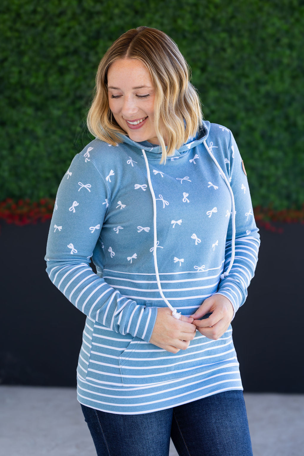 Hailey Pullover Hoodie in Teal Ribbons and Stripes