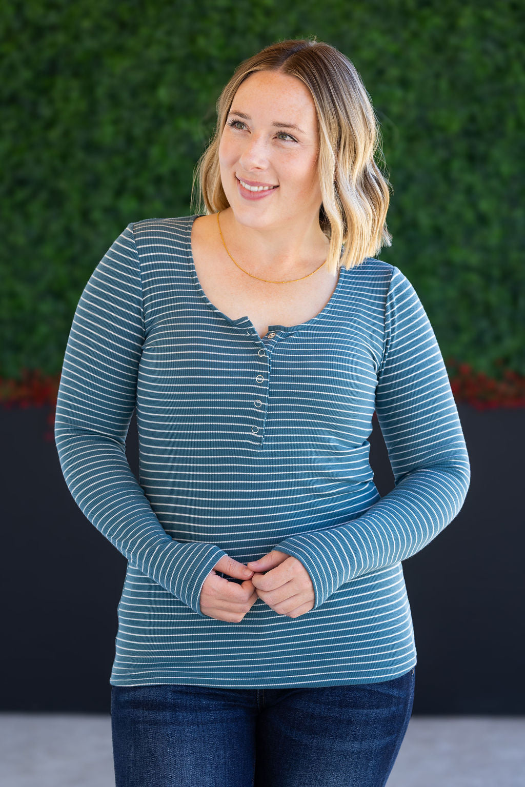 Striped Henley Long Sleeve in Dusty Teal