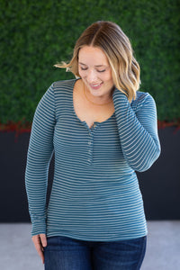 Striped Henley Long Sleeve in Dusty Teal