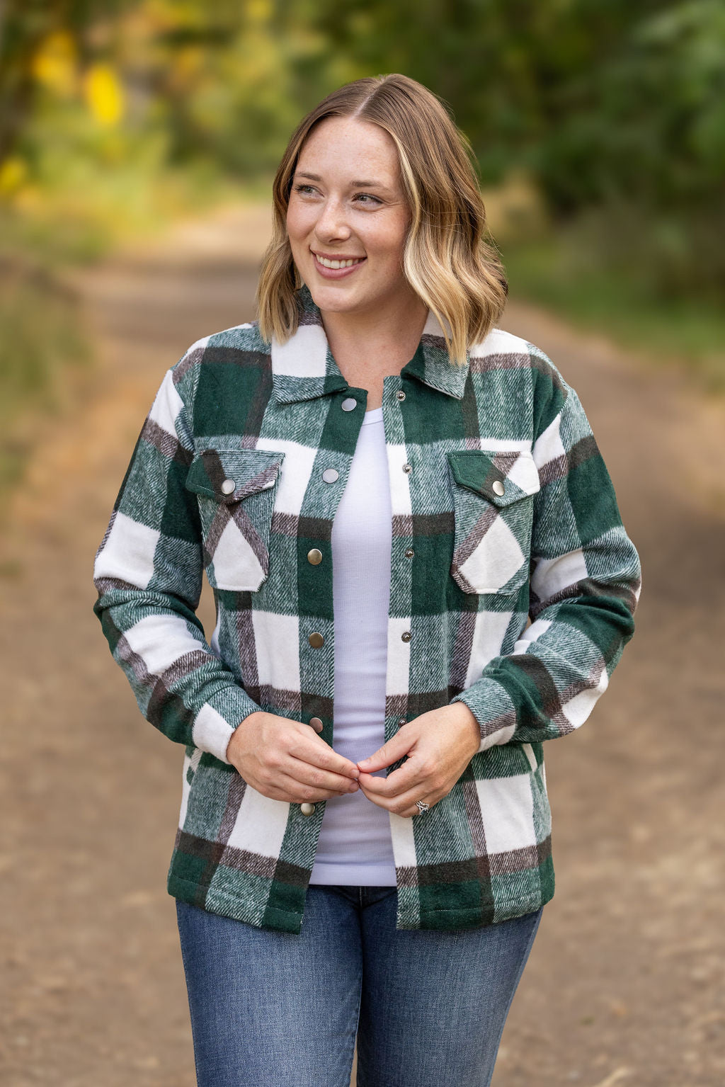 Norah Plaid Shacket in Evergreen and White