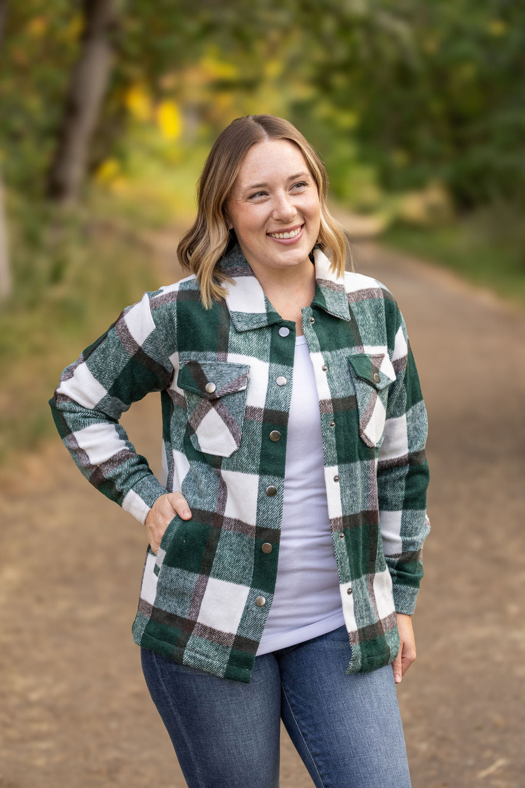 Norah Plaid Shacket in Evergreen and White