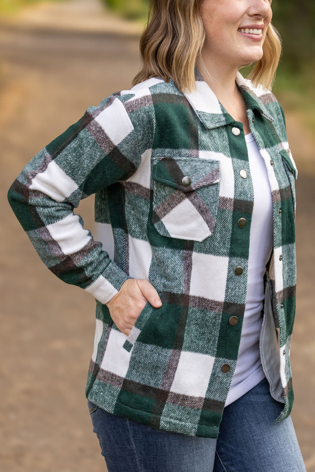 Norah Plaid Shacket in Evergreen and White