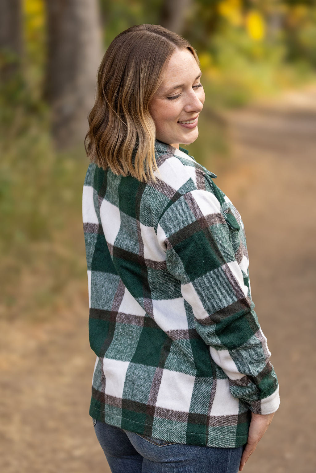Norah Plaid Shacket in Evergreen and White