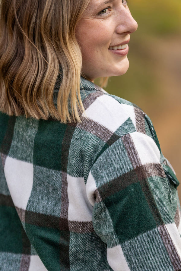 Norah Plaid Shacket in Evergreen and White