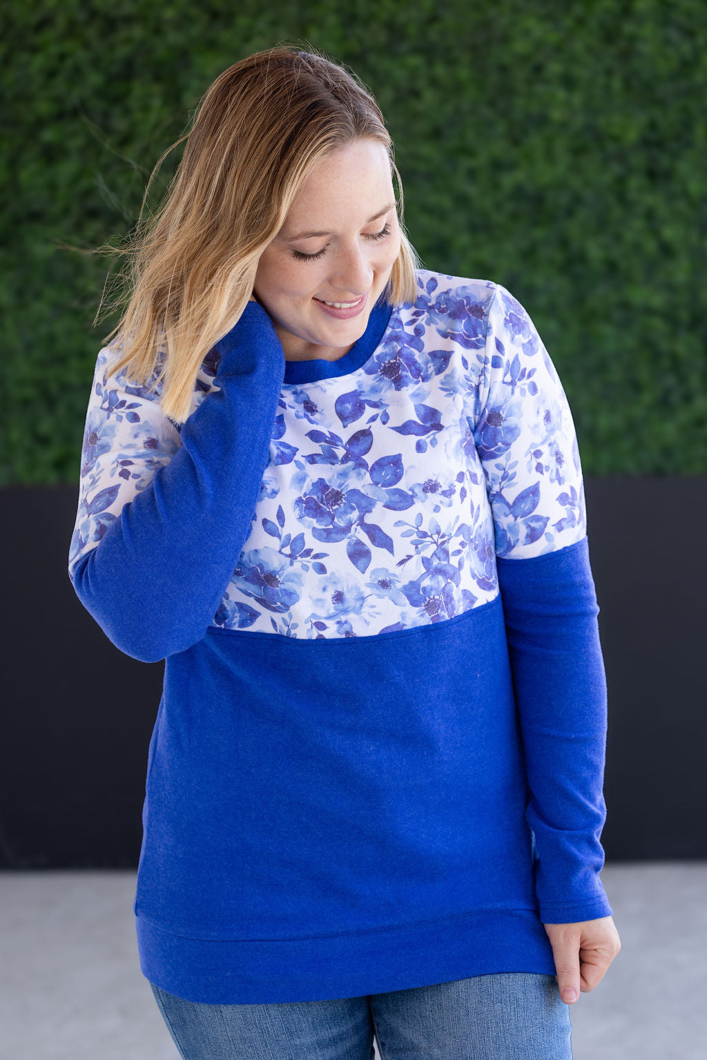 Natalie Pullover in Sapphire Floral and Blue