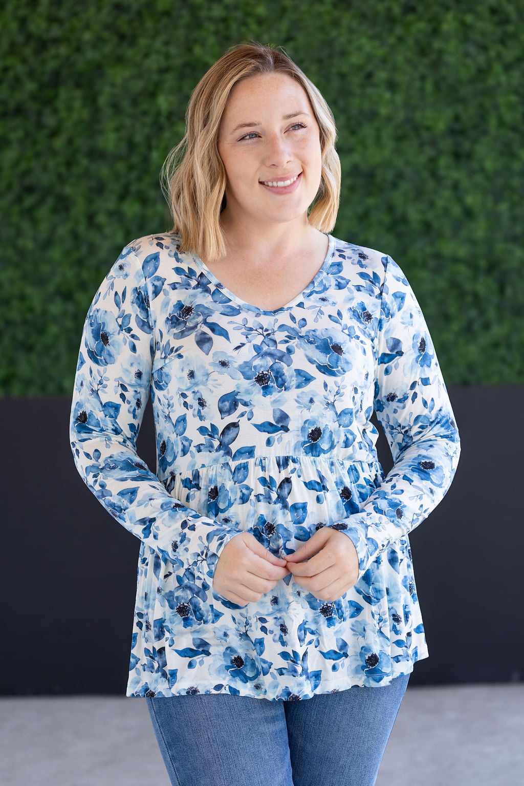 Long Sleeve Sarah Ruffle Top in Sapphire Floral