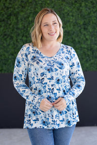 Long Sleeve Sarah Ruffle Top in Sapphire Floral