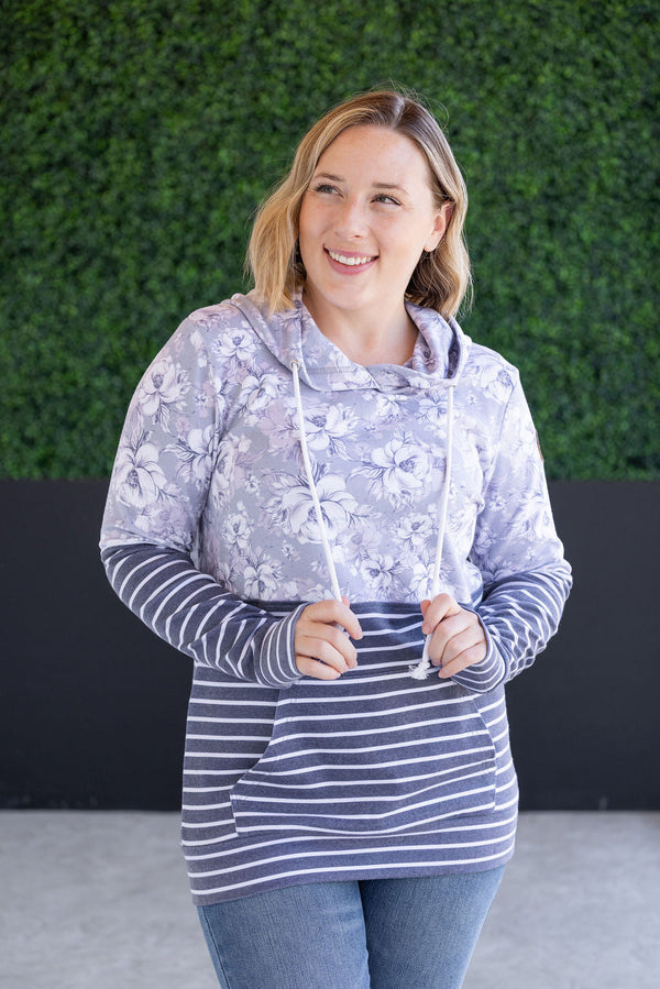 Hailey Pullover Hoodie in Vintage Grey Floral and Stripes