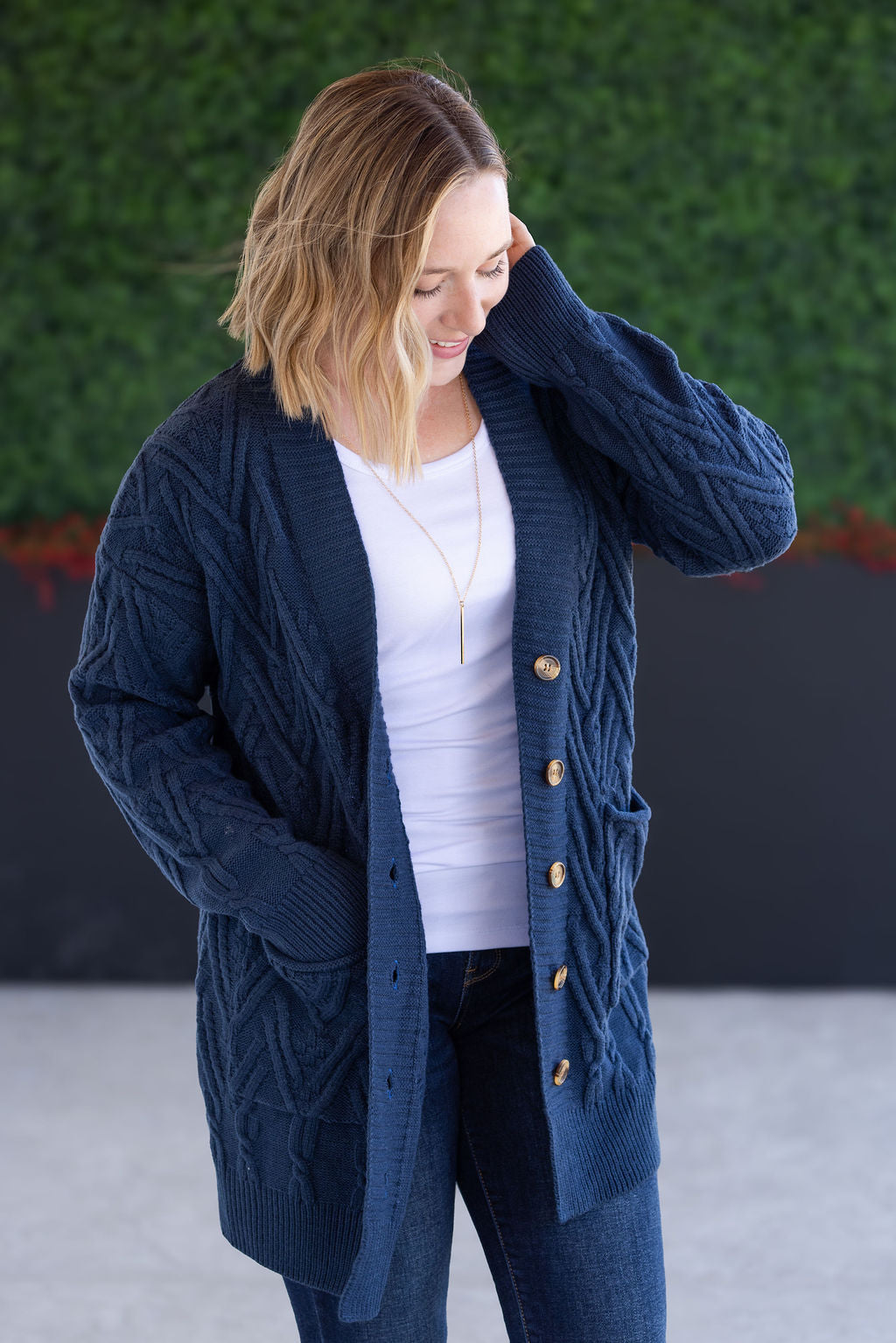 Brooks Button Sweater Cardigan in Navy