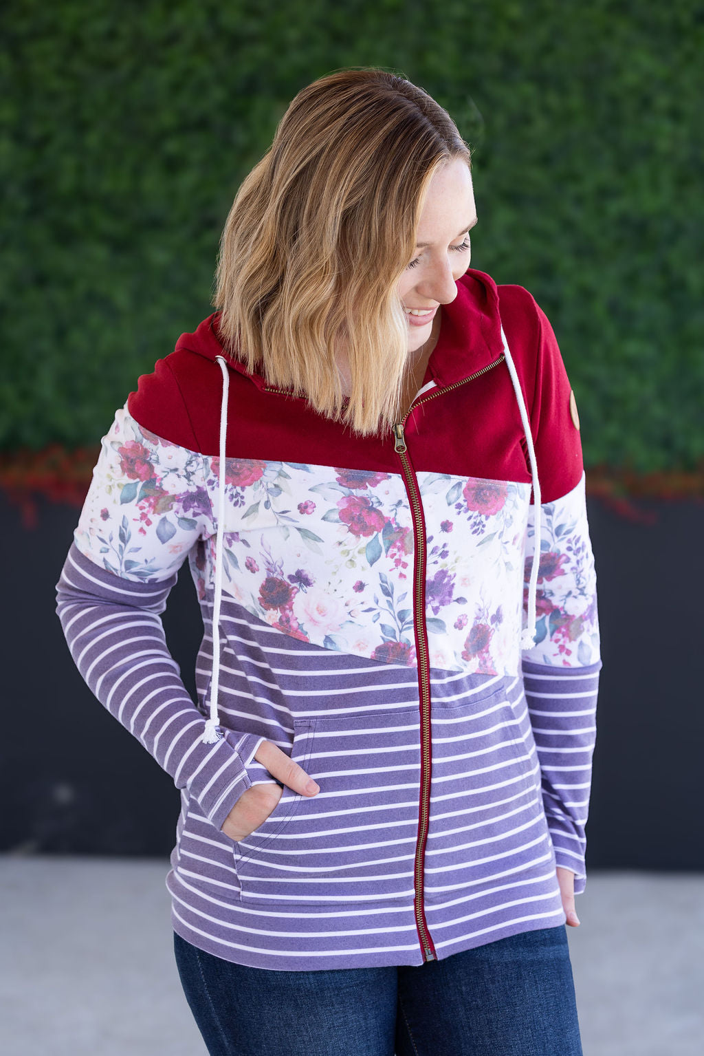 Colorblock Fullzip in Burgundy Bloom Plum Stripes