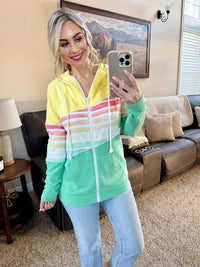 Colorblock Fullzip in Yellow, Rainbow Stripes, and Lime