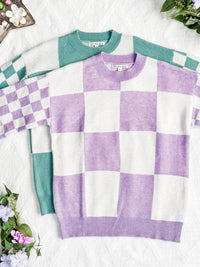 Checkered Pullover Sweater in Dusty Jade