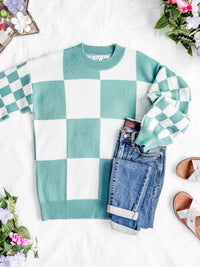 Checkered Pullover Sweater in Dusty Jade