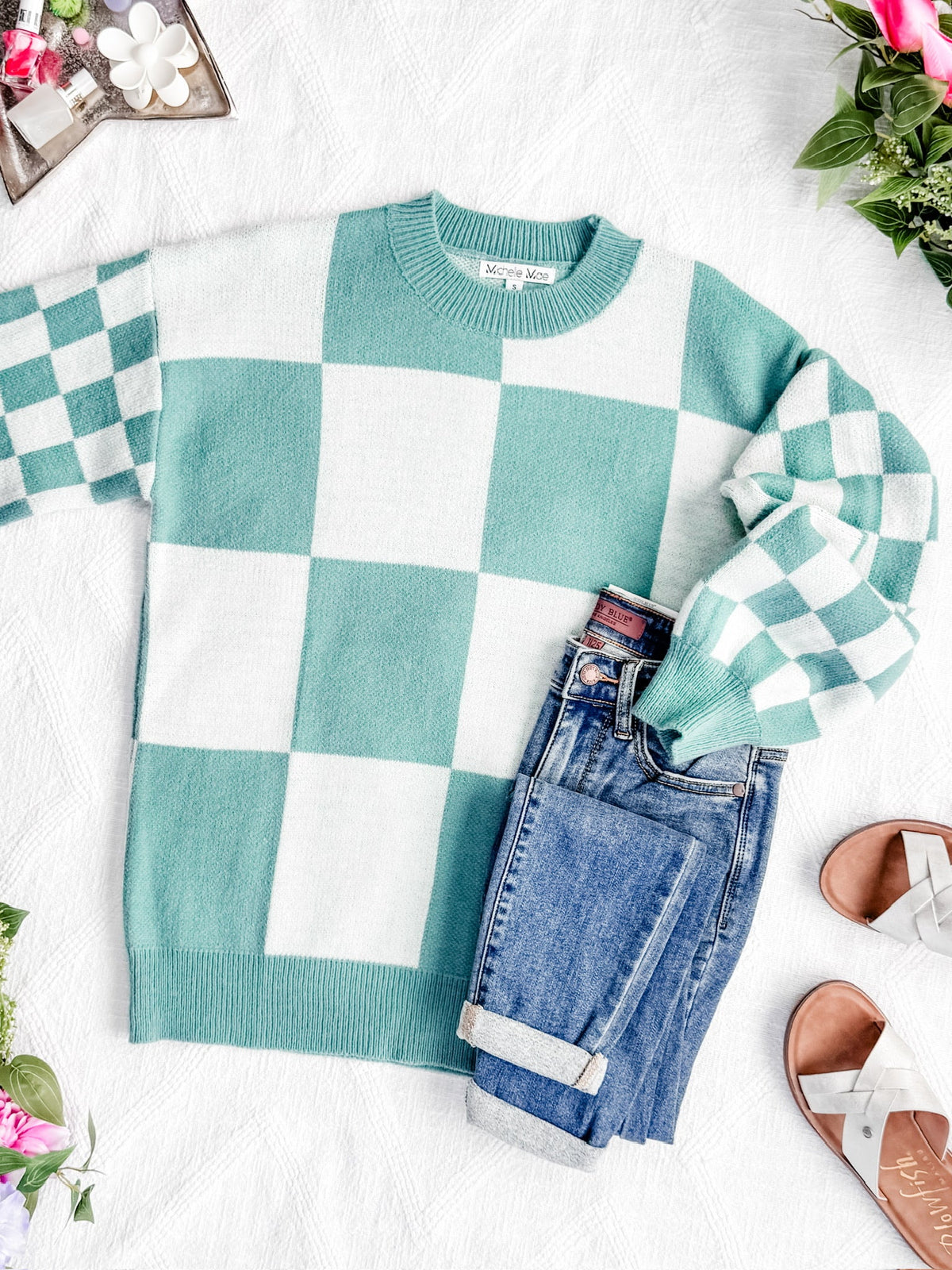 Checkered Pullover Sweater in Dusty Jade