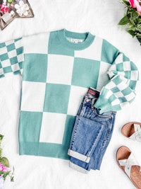 Checkered Pullover Sweater in Dusty Jade