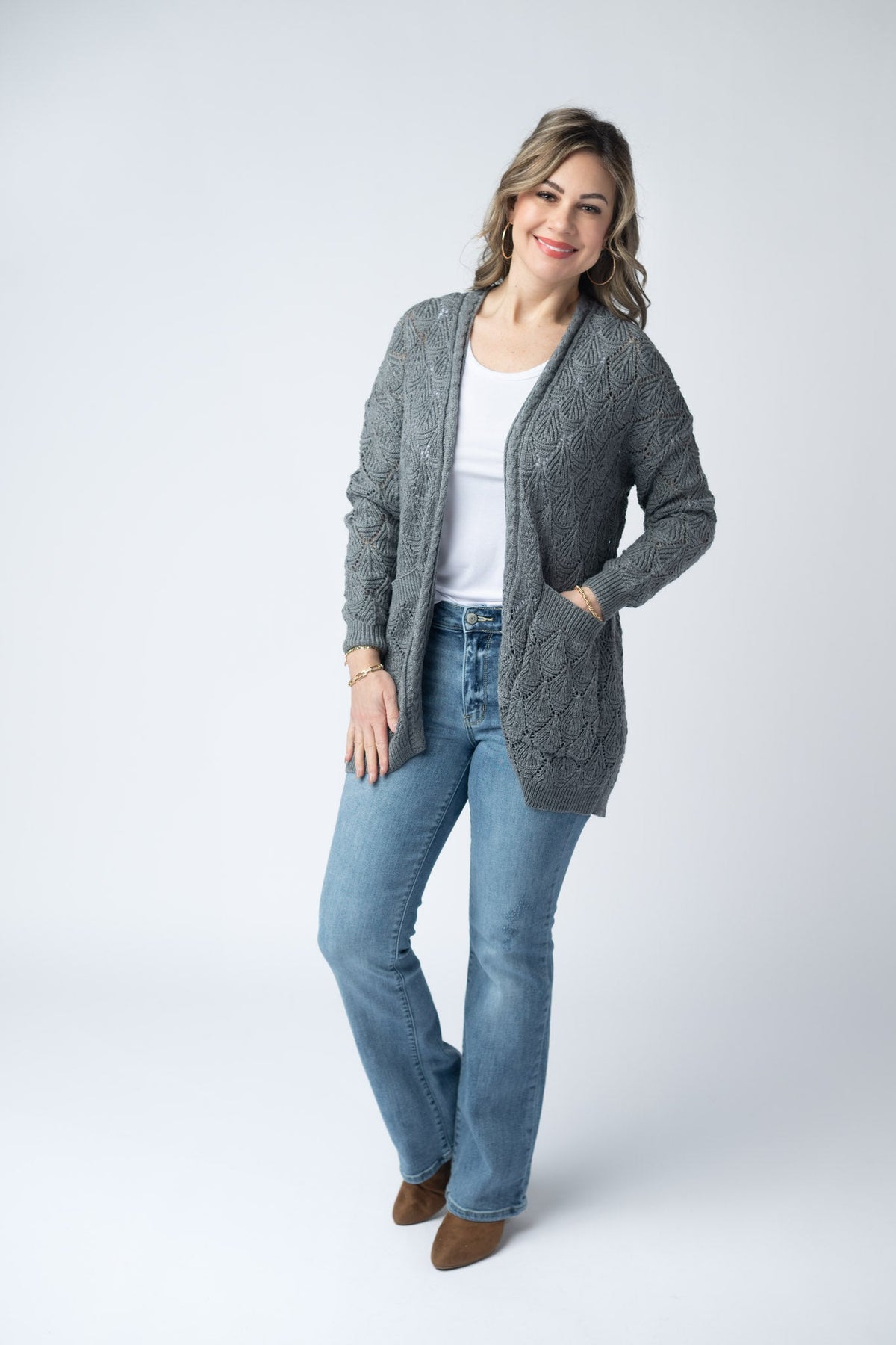Open Knit Cardigan in Grey